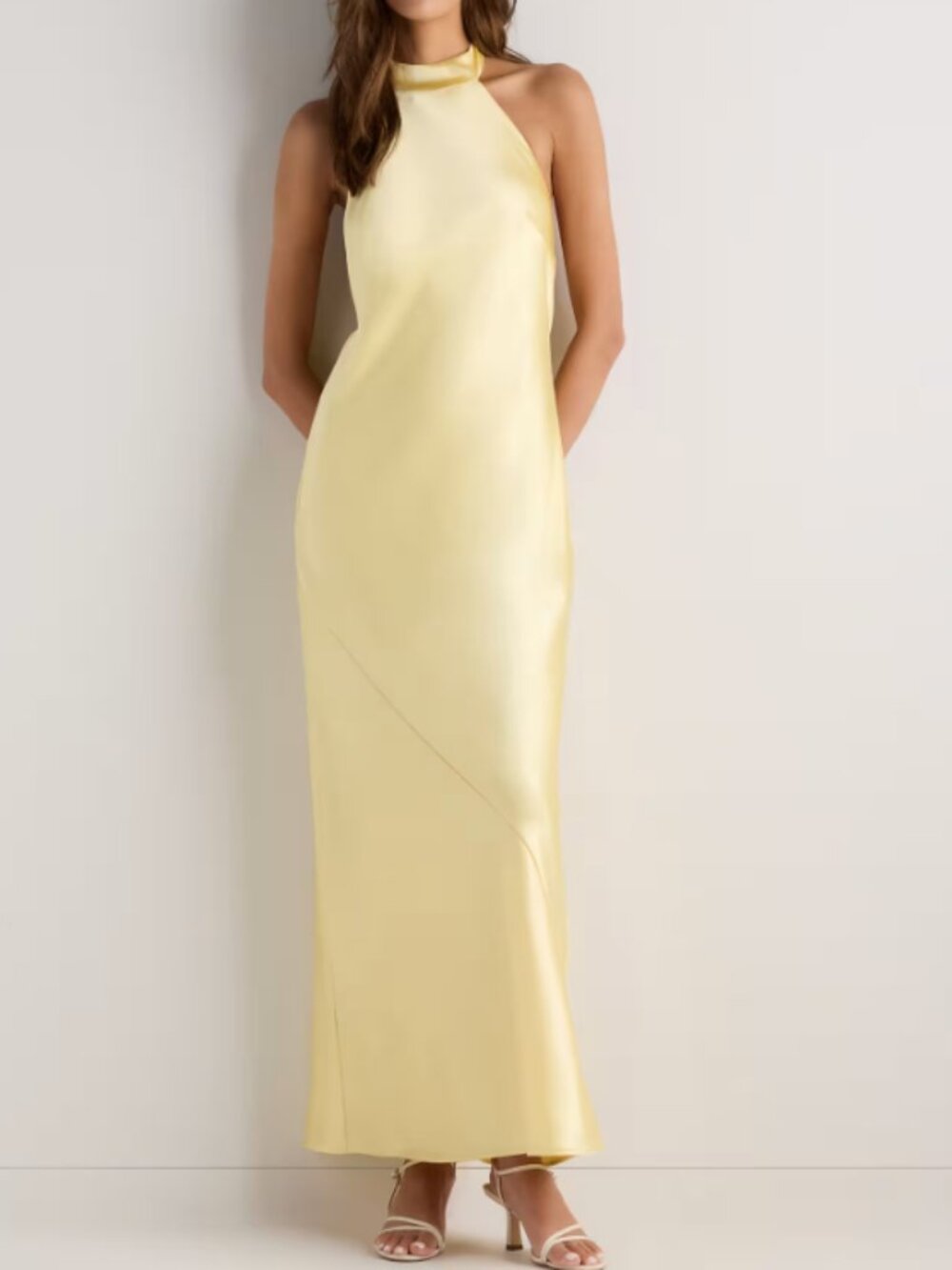 Quince Catalina Stretch Satin Dress Pastel Yellow 4 NWT